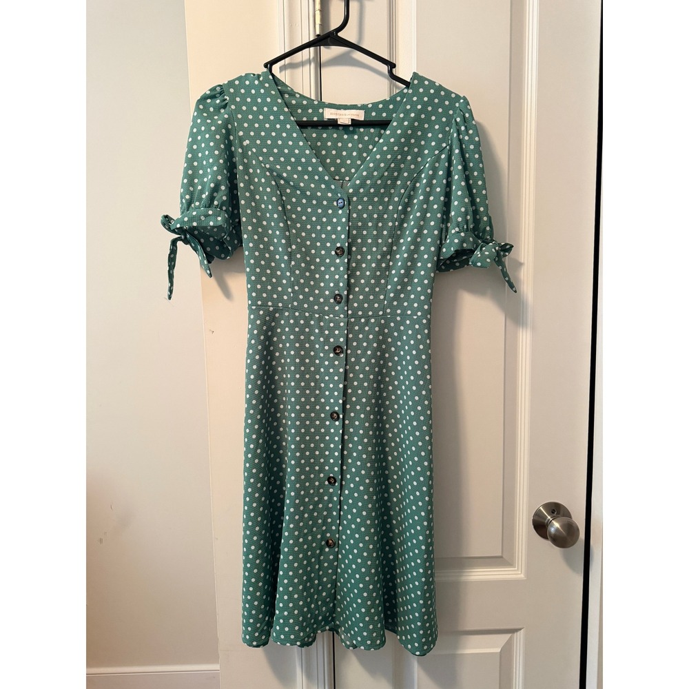 Monteau Los Angeles Green Polka Dot Button Front Midi Dress Womens Medium